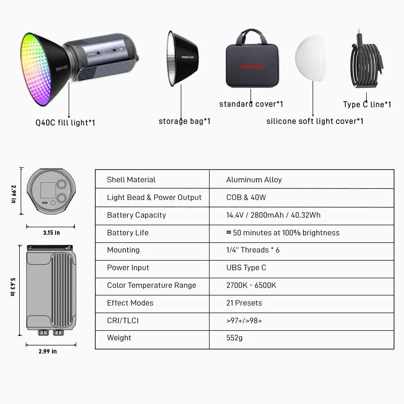 PHOTOOLEX Q40C 40W RGB LED Video Light - Photoolex